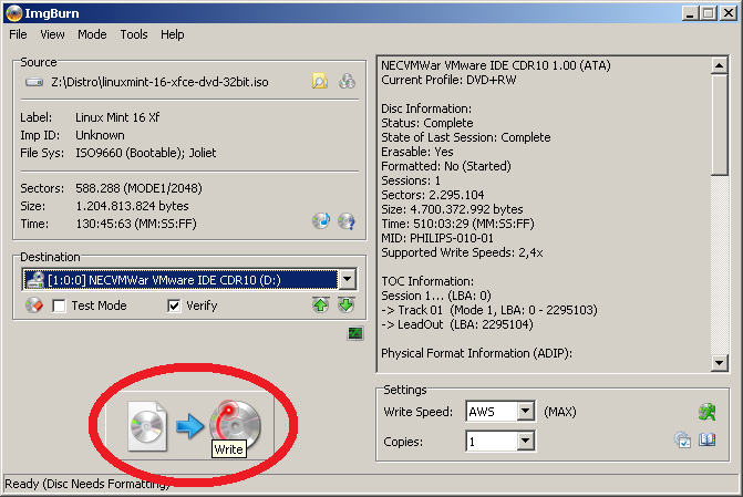Gestart vanuit de verkenner opent ImgBurn met de juiste opties.