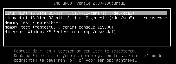 Het opstartmenu. Start je Linux op, of een laatste keer Windows XP?